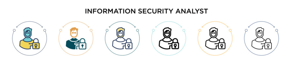 Poster - Information security analyst icon in filled, thin line, outline and stroke style. Vector illustration of two colored and black information security analyst vector icons designs can be used for mobile,