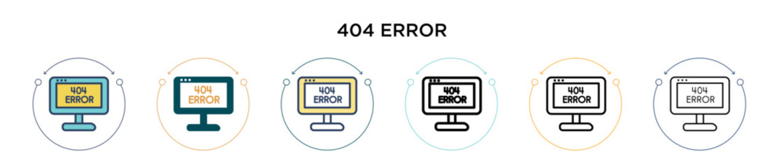 Poster - 404 error icon in filled, thin line, outline and stroke style. Vector illustration of two colored and black 404 error vector icons designs can be used for mobile, ui, web