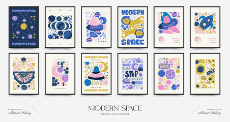 Abstract space and cosmos posters template. Modern trendy Matisse minimal style. Astronomy and Stellar decor. Hand drawn design for wallpaper, wall decor, print, postcard, cover, template, banner
