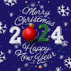 Wall Mural - Merry Christmas 2024. Hand drawing ornamental number and text and doodle snowflakes on blue background