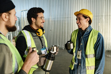 Leinwandbilder - Focus on two young cheerful multiethnic engineers in reflective vests looking at one another during tea break while holding metallic mugs