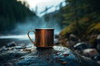 Close-up of camping mug with hot drink and steam standing against backdrop of mountains near stream, mockup. Bronze simple cup with place for branding in nature, hiking concept
