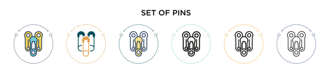 Poster - set of pins icon in filled, thin line, outline and stroke style. vector illustration of two colored 