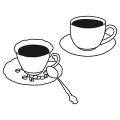  2 cups of coffee on 2 plates, one spoon with coffee beans in vector outline design.