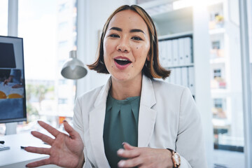 Poster - Business woman, video call and portrait for online meeting, communication and Human Resources networking in office. Face of professional worker or HR employee in virtual conversation for client chat