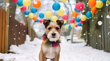 Terrier Festivity: Playful Terrier, Colorful Garland, Snowy Backyard. Background, Christmas Card With Happy Terier Dog. Generative AI. 