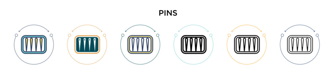 Poster - pins icon in filled, thin line, outline and stroke style. vector illustration of two colored and bla