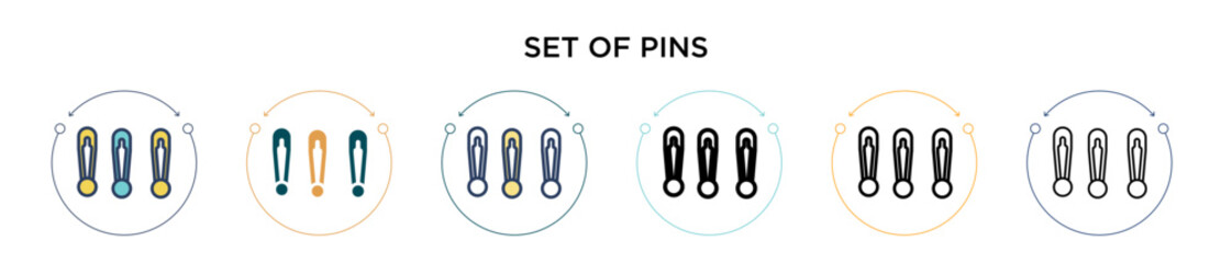 Poster - set of pins icon in filled, thin line, outline and stroke style. vector illustration of two colored 