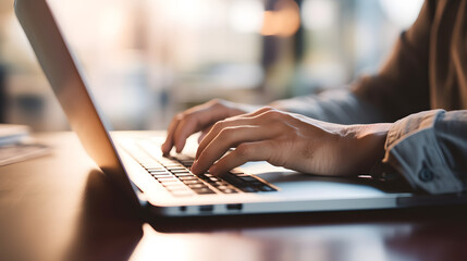 close up of a business man working on a laptop, typing with his hands for work in office environment