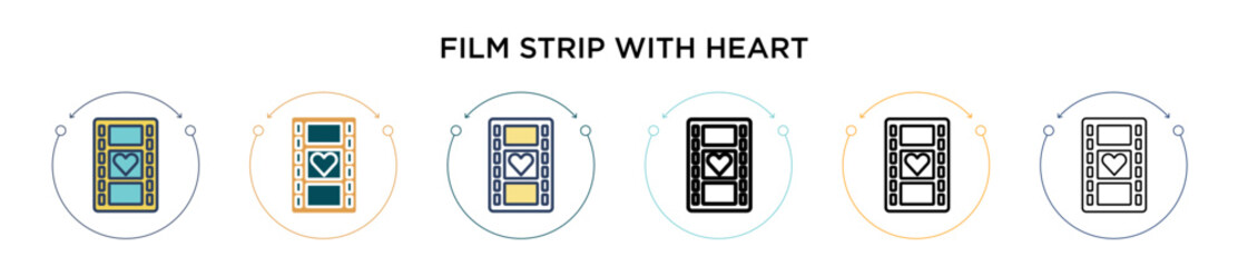 Wall Mural - Film strip with heart icon in filled, thin line, outline and stroke style. Vector illustration of two colored and black film strip with heart vector icons designs can be used for mobile, ui, web