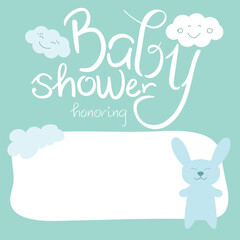 Wall Mural - Baby shower invitation card. Honoring mommy to be. Cute little bunny and clouds