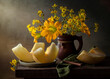 © 02irina - Still life with melon and yellow flowers in an earthenware jug