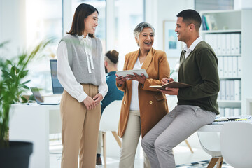 Aufkleber - Teamwork, happy or funny business people in meeting laughing at joke in discussion with paperwork. Collaboration, leadership or excited mature mentor talking or speaking of ideas or plan to employees