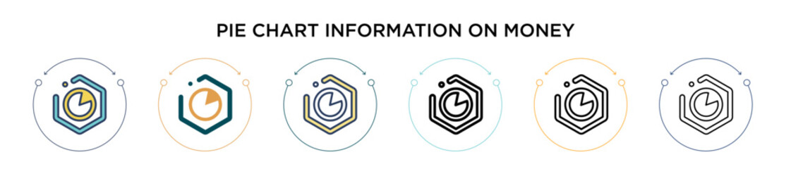 Poster - Pie chart information on money icon in filled, thin line, outline and stroke style. Vector illustration of two colored and black pie chart information on money vector icons designs can be used for