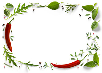 Wall Mural - frame / border PNG Food design element. Spices and herbs with real transparent shadow on transparent background. Variety of spices and mediterranean herbs.