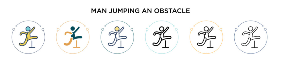 Poster - Man jumping an obstacle icon in filled, thin line, outline and stroke style. Vector illustration of two colored and black man jumping an obstacle vector icons designs can be used for mobile, ui, web
