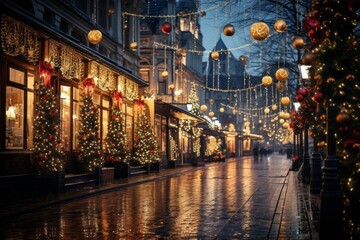 Canvas Print - City street decorated for Christmas with selective focus. Merry christmas and happy new year concept.