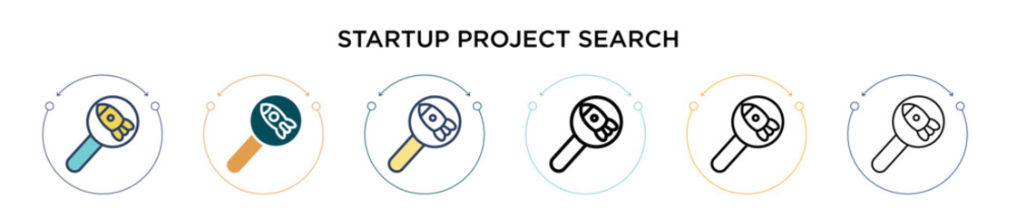 Poster - Startup project search icon in filled, thin line, outline and stroke style. Vector illustration of two colored and black startup project search vector icons designs can be used for mobile, ui, web