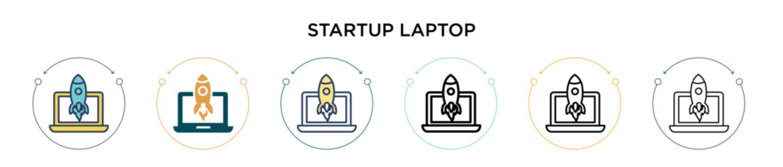 Poster - Startup laptop icon in filled, thin line, outline and stroke style. Vector illustration of two colored and black startup laptop vector icons designs can be used for mobile, ui, web