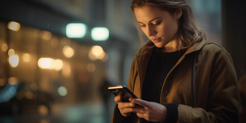 Elegant young woman holding a smartphone on the street trying to contact someone and looking for direction or help