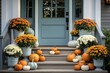 Front door with fall decor, pumpkins and autumn themed decorations