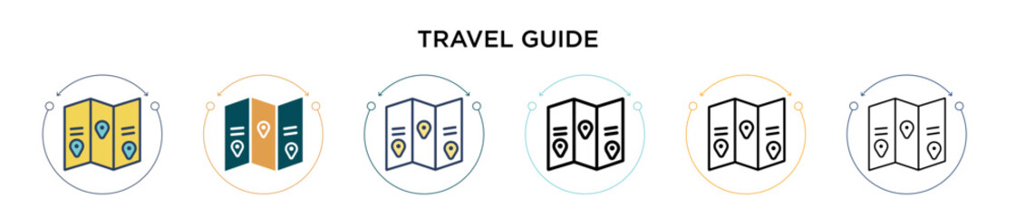 Travel guide icon in filled, thin line, outline and stroke style. Vector illustration of two colored and black travel guide vector icons designs can be used for mobile, ui, web