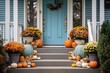 Front door with fall decor, pumpkins and autumn themed decorations