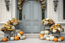 Front Door With Fall Decor, Pumpkins And Autumnthemed Decorations