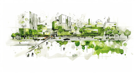 Sticker - Sustainable office buildings sketch showcasing green roofs, energy-efficient windows, and green facade