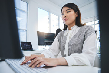Aufkleber - Asian woman, computer and coding in software development or web design at the office. Female person or employee typing on desktop PC in programming, innovation or problem solving at the workplace