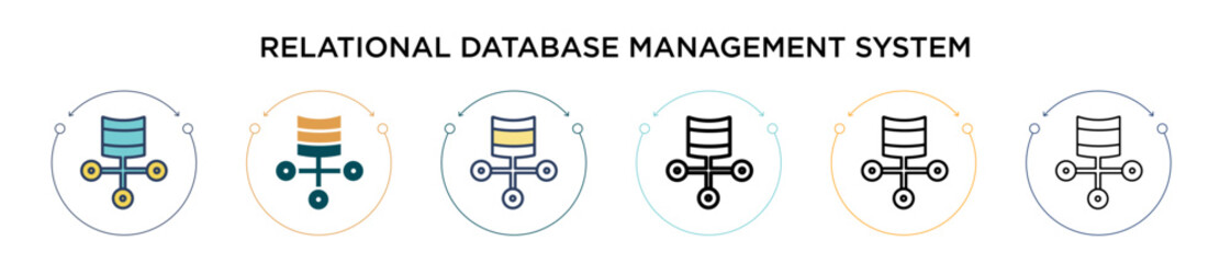 Poster - Relational database management system icon in filled, thin line, outline and stroke style. Vector illustration of two colored and black relational database management system vector icons designs can