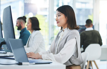 Aufkleber - Computer, email and employees working in a company or startup agency typing online document or research on internet. Website, web and corporate people in an office doing online communication