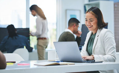 Poster - Business, smile and woman with laptop, typing and connection with network, website information and research. Happy person, consultant and employee with pc, search internet and planning in workplace
