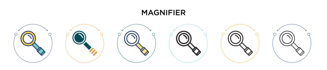 Poster - Magnifier icon in filled, thin line, outline and stroke style. Vector illustration of two colored and black magnifier vector icons designs can be used for mobile, ui, web