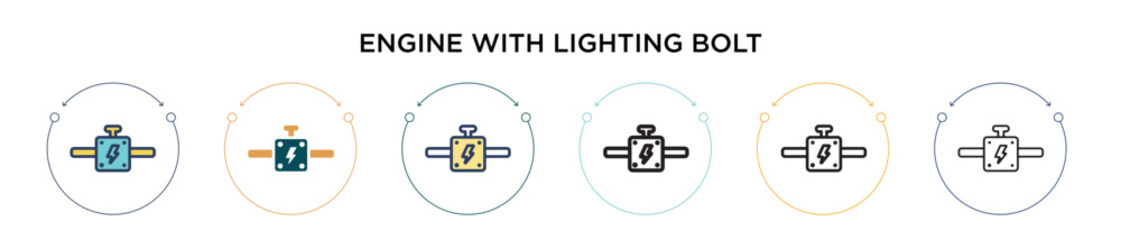 Poster - Engine with lighting bolt icon in filled, thin line, outline and stroke style. Vector illustration of two colored and black engine with lighting bolt vector icons designs can be used for mobile, ui,