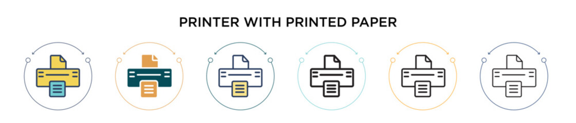 Aufkleber - Printer with printed paper icon in filled, thin line, outline and stroke style. Vector illustration of two colored and black printer with printed paper vector icons designs can be used for mobile, ui,