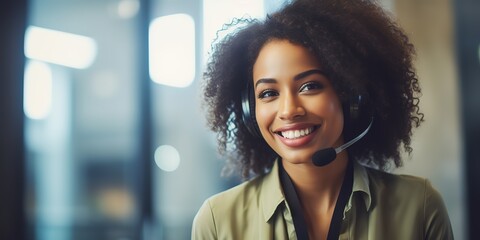 Poster - Smiling African American customer service representative working with a headset in the office.