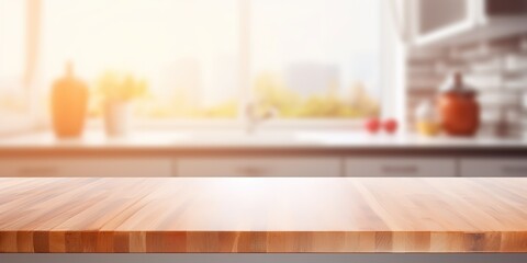 Poster - Empty beautiful wooden table top and blurred background modern kitchen interior.