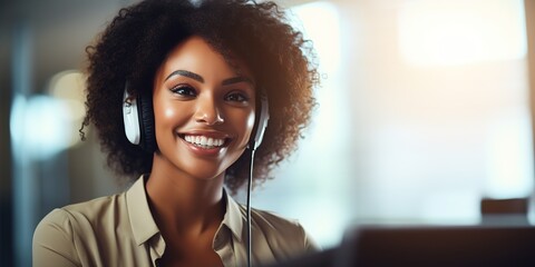 Poster - Smiling African American customer service representative working with a headset in the office.