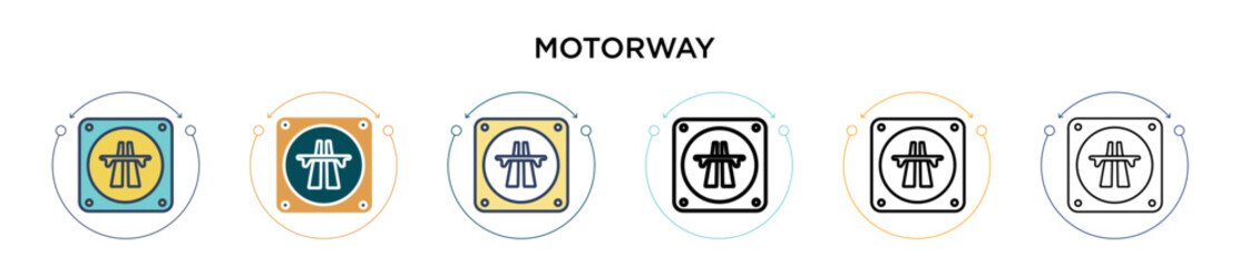 Motorway sign icon in filled, thin line, outline and stroke style. Vector illustration of two colored and black motorway sign vector icons designs can be used for mobile, ui, web