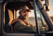 An engaging scene capturing a truck driver's confident gaze in the side mirror, the open road stretching out behind him 