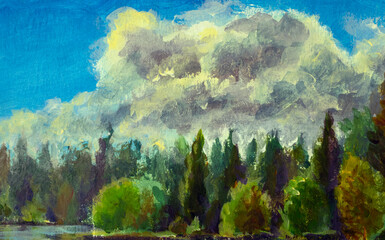 Original acrylic handpainted fine art illustration river in forest with large clouds painting nature artwork landscape