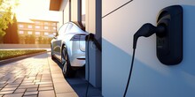 Generic Electric Vehicle EV Hybrid Car Is Being Charged From A Wallbox On A Contemporary Modern Residential Building House