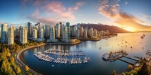 Beautiful Aerial View Of Downtown Vancouver Skyline, British Columbia, Canada At Sunset