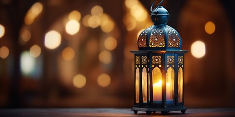 Wall Mural - Decorative Arabic lantern with a burning candle glowing against the backdrop of a night mosque.