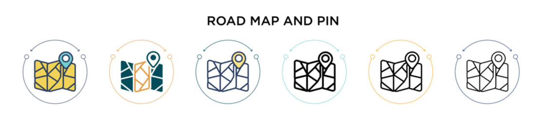 Poster - road map and pin icon in filled, thin line, outline and stroke style. vector illustration of two col