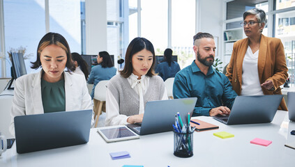 Poster - Business people, laptop and meeting, productivity and creative group at marketing agency with research online. Man, women and diversity, working together and senior team leader with branding strategy