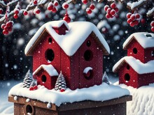 Christmas Winter Background With Birdhouse And Birds Pecking Berries On Snow 