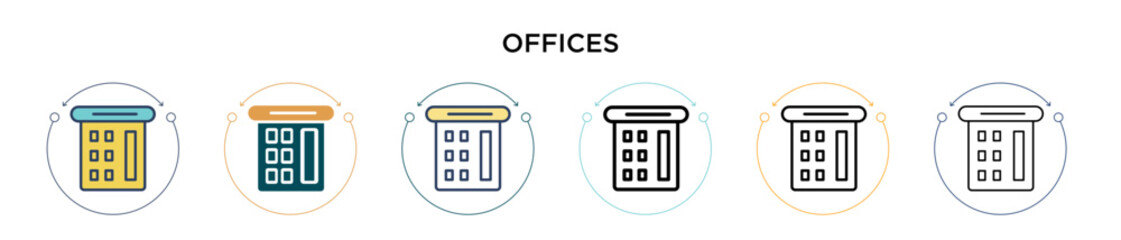 Poster - Offices icon in filled, thin line, outline and stroke style. Vector illustration of two colored and black offices vector icons designs can be used for mobile, ui, web