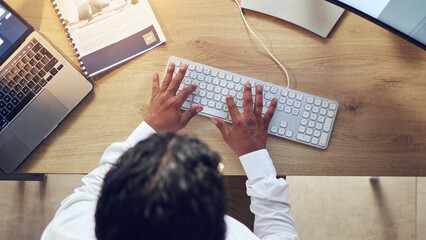 Poster - Business person, hands and computer for planning, copywriting and marketing research at office desk above. Worker, writer or editor typing on desktop keyboard for social media branding or information